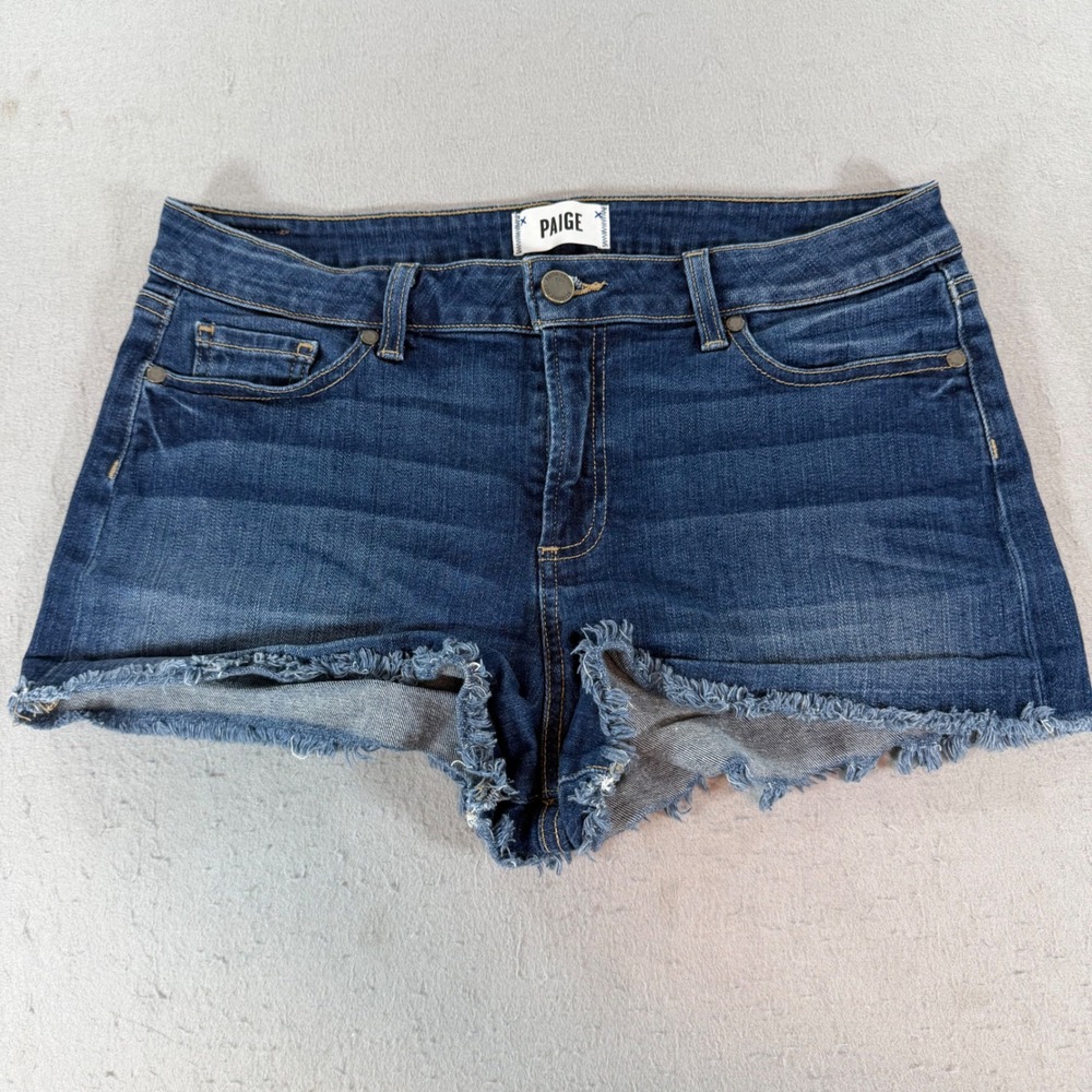 PAIGE Daryn Raw Hem Cut Off Denim Shorts Womens 30 Dark Wash Stretch Blue